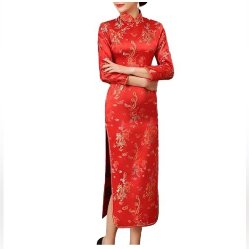 Women Red Qipao Dress Chinese Silk Satin